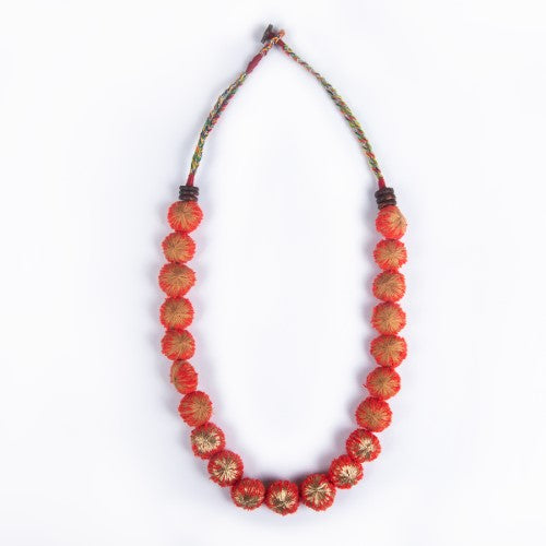 Blaze Red Gold Cotton Pom-Pom Textile Neckpiece