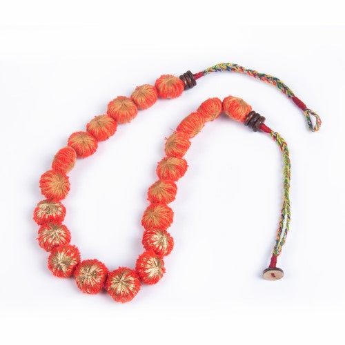 Blaze Red Gold Cotton Pom-Pom Textile Neckpiece