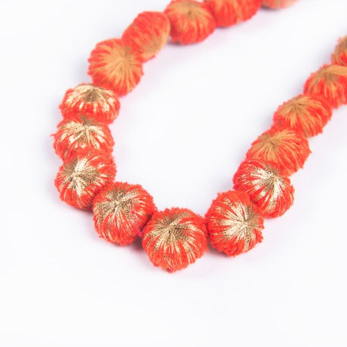 Blaze Red Gold Cotton Pom-Pom Textile Neckpiece