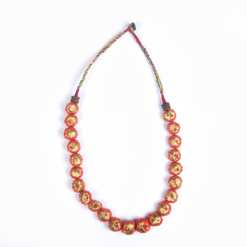 Flare Red Gold Cotton Pom Pom Textile Neckpiece