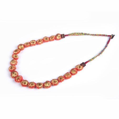 Flare Red Gold Cotton Pom Pom Textile Neckpiece