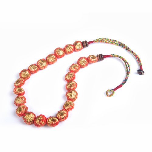 Flare Red Gold Cotton Pom Pom Textile Neckpiece