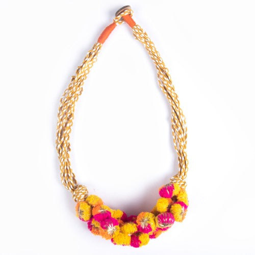 Day Light Cotton Pink Yellow Orange Light Gold Pom-Pom Sustainable Neckpiece