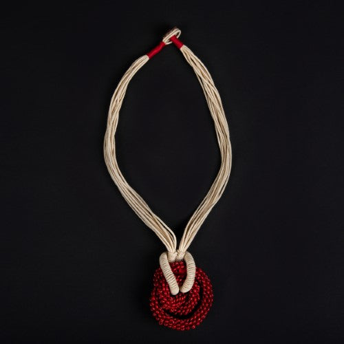 Rosette Ecru Red Cotton Dori Wooden Beads Neckpiece