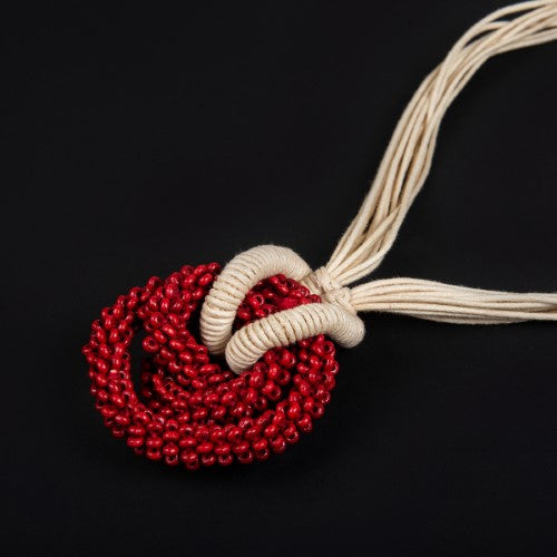 Rosette Ecru Red Cotton Dori Wooden Beads Neckpiece