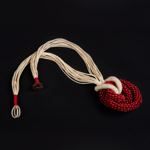 Rosette Ecru Red Cotton Dori Wooden Beads Neckpiece