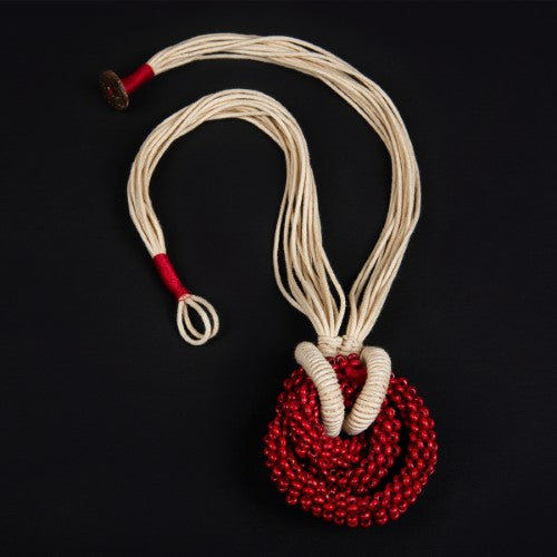 Rosette Ecru Red Cotton Dori Wooden Beads Neckpiece