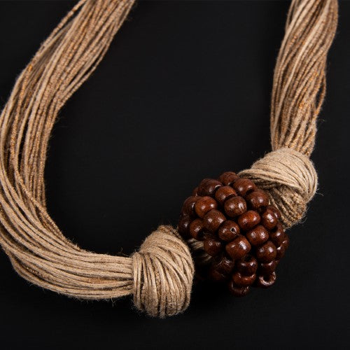 Puri Natural Brown Wooden Beads Jute Dori Neckpiece