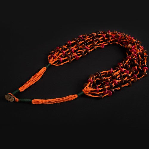 Marble Orange Natural Brown Beads Cotton Dori Neckpiece