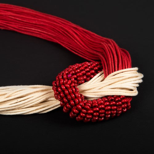 Rouge Ecru Red Cotton Dori Wooden Beads Neckpiece