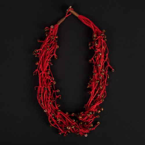 Knotty Red Wooden Beads Cotton Dori Neckpiece