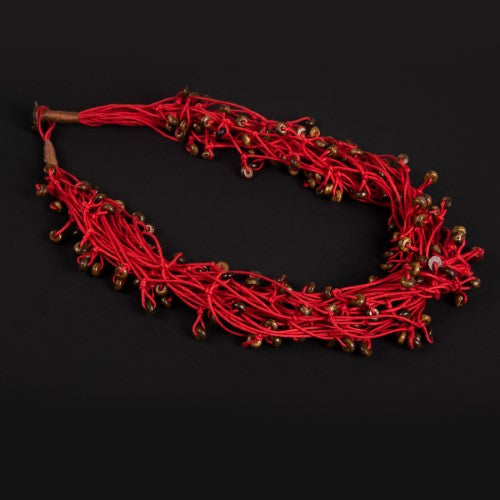 Knotty Red Wooden Beads Cotton Dori Neckpiece