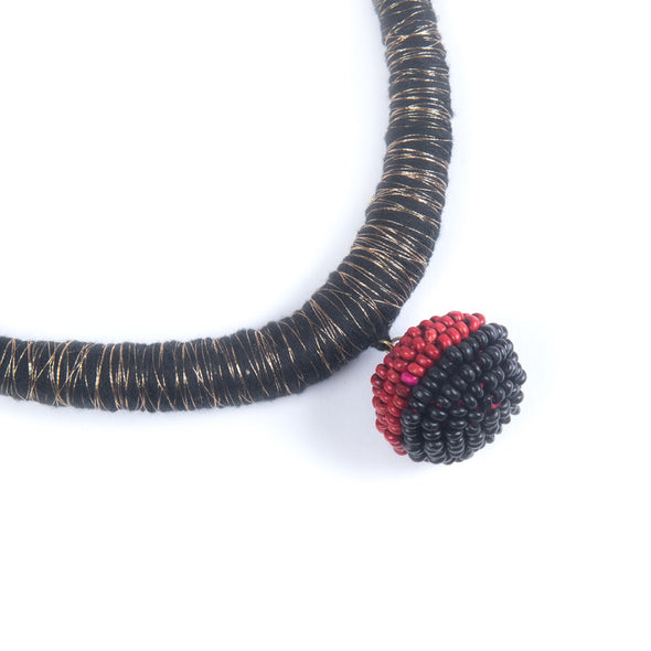 Yana Black Red Gold Cotton Thread Wooden Beads  Dori Neckpiece