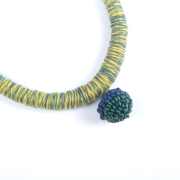 Yana Ecru Yellow Blue Cotton Thread Wooden Beads  Dori Neckpiece