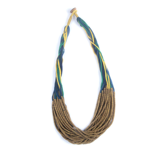 Dribbles Amber Gold Teal Cotton Thread Wooden Beads  Dori Neckpiece