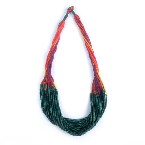 Dribbles Green Multi Cotton Thread Wooden Beads  Dori Neckpiece