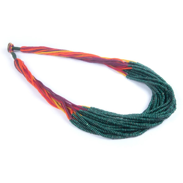 Dribbles Green Multi Cotton Thread Wooden Beads  Dori Neckpiece