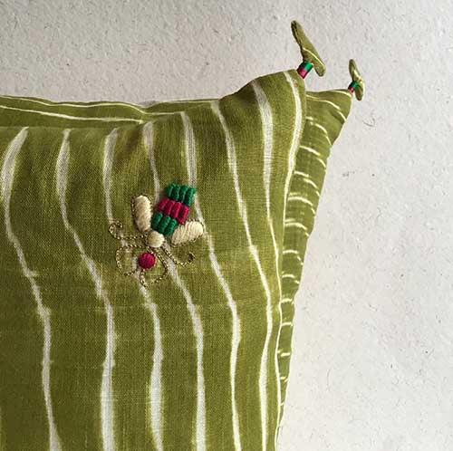 Olive Green Lehariya Shibori with hand embroidered bees Cushion Cover