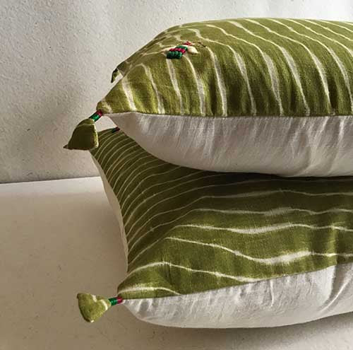 Olive Green Lehariya Shibori with hand embroidered bees Cushion Cover