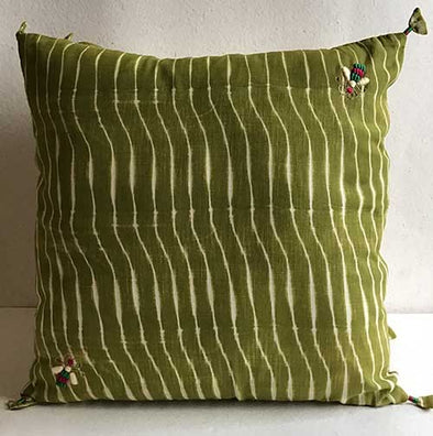 Olive Green Lehariya Shibori with hand embroidered bees Cushion Cover