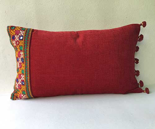 Crimson Red Mirror Banjara Hand Embroidered Cushion Cover