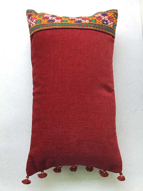 Crimson Red Mirror Banjara Hand Embroidered Cushion Cover