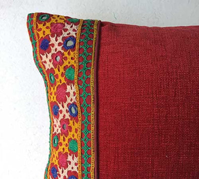 Crimson Red Mirror Banjara Hand Embroidered Cushion Cover