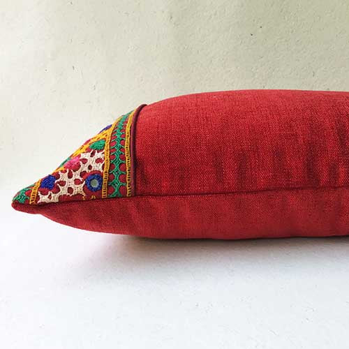 Crimson Red Mirror Banjara Hand Embroidered Cushion Cover