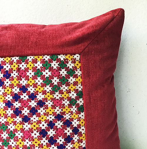 Crimson Red Beauty Banjara Hand Embroidered Cushion Cover