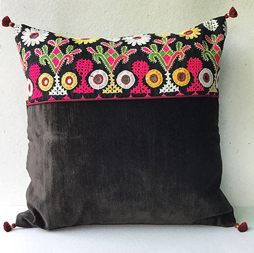 Black Labani Banjara Hand Embroidered Cushion Cover