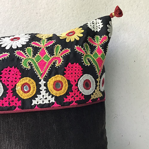 Black Labani Banjara Hand Embroidered Cushion Cover