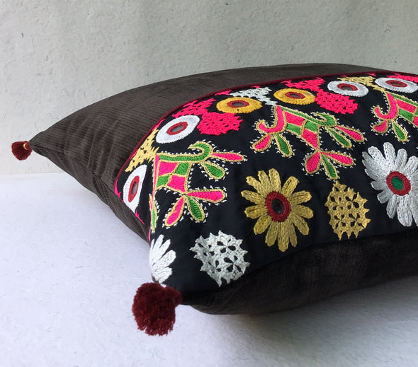 Black Labani Banjara Hand Embroidered Cushion Cover