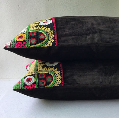 Black Labani Banjara Hand Embroidered Cushion Cover
