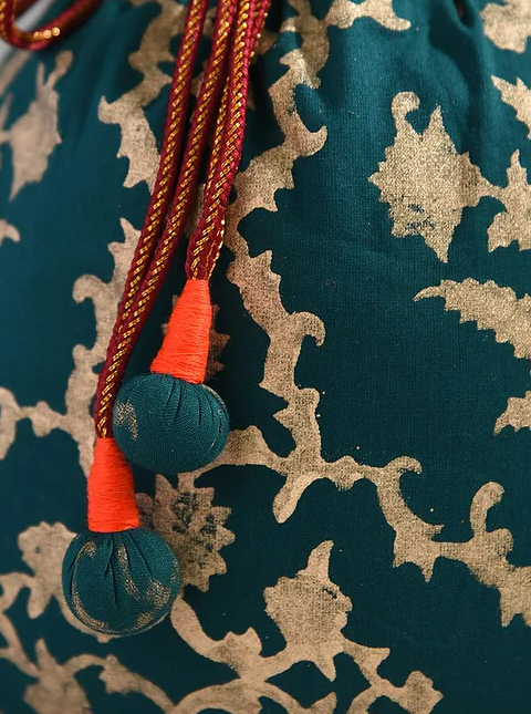 Teal Block Print Cotton Potli