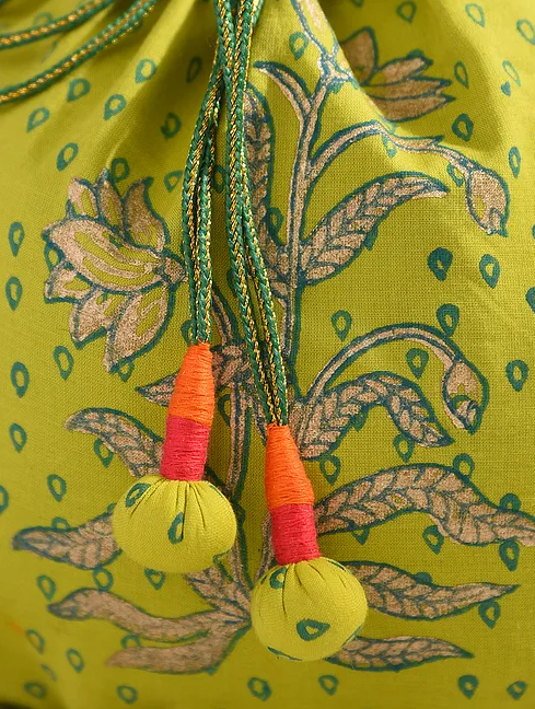 Lime Block Print Cotton Potli